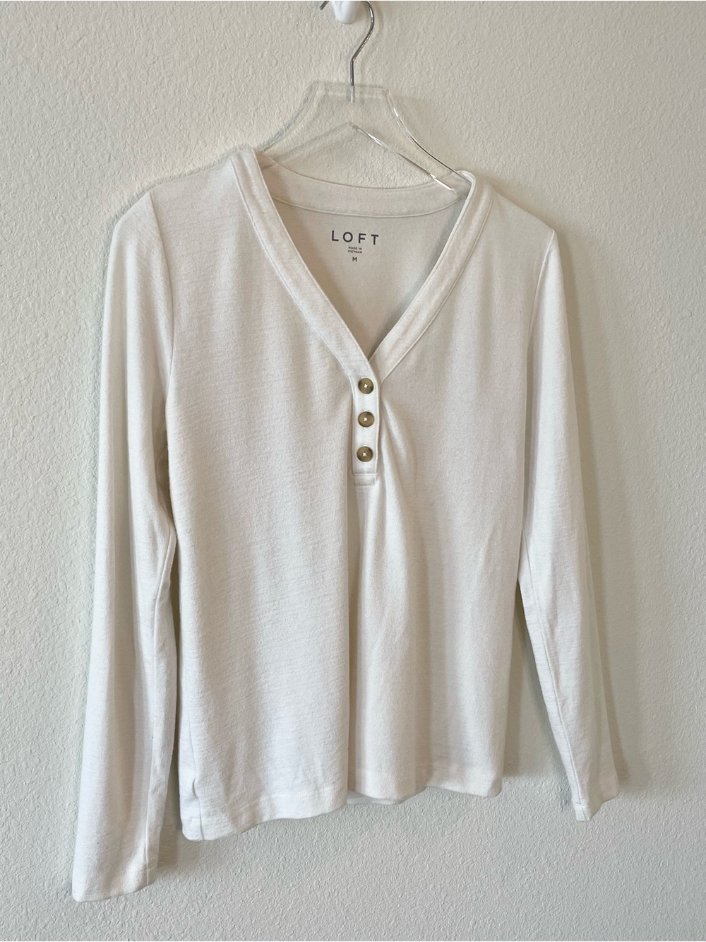 LOFT Cream Long-Sleeve Henley Top with Button Placket